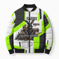 Rabbit Powered By Hay And Attitude Bomber Puffer Jacket Funny Sarcastic Bunny Diagram Graphic Art