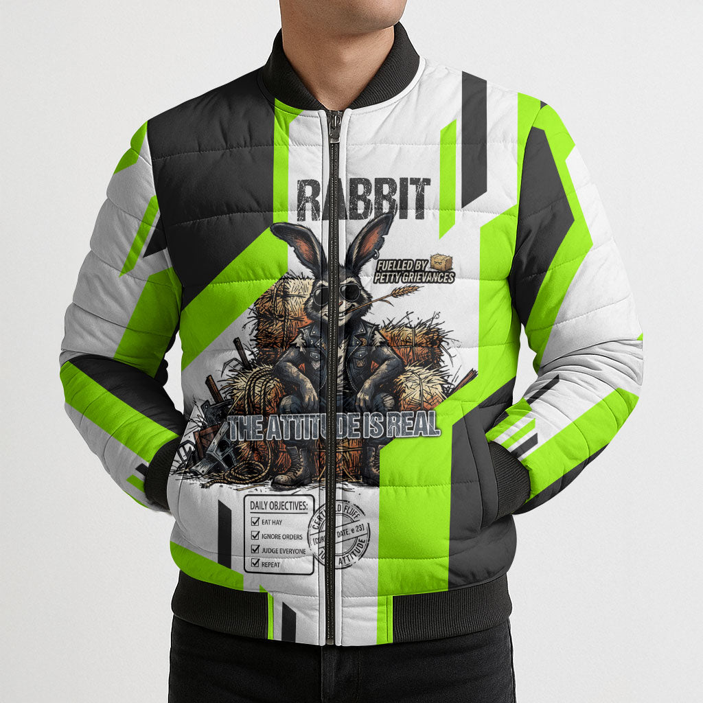Rabbit Powered By Hay And Attitude Bomber Puffer Jacket Funny Sarcastic Bunny Diagram Graphic Art