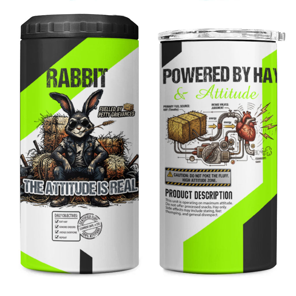 Rabbit Powered By Hay And Attitude 4 in 1 Can Cooler Tumbler Funny Sarcastic Bunny Diagram Graphic Art