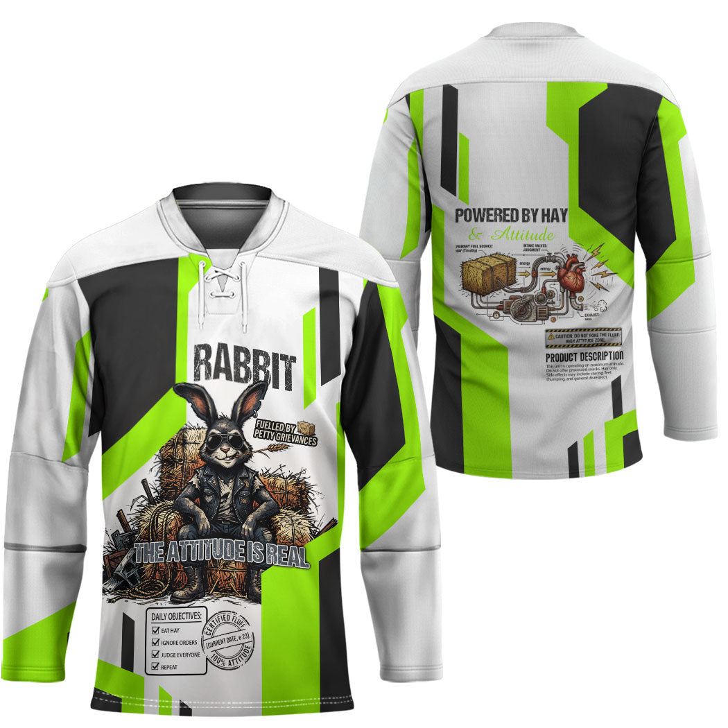 Rabbit Powered By Hay And Attitude Hockey Jersey Funny Sarcastic Bunny Diagram Graphic Art