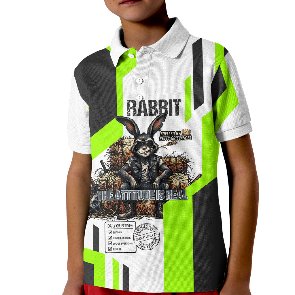 Rabbit Powered By Hay And Attitude Kid Polo Shirt Funny Sarcastic Bunny Diagram Graphic Art