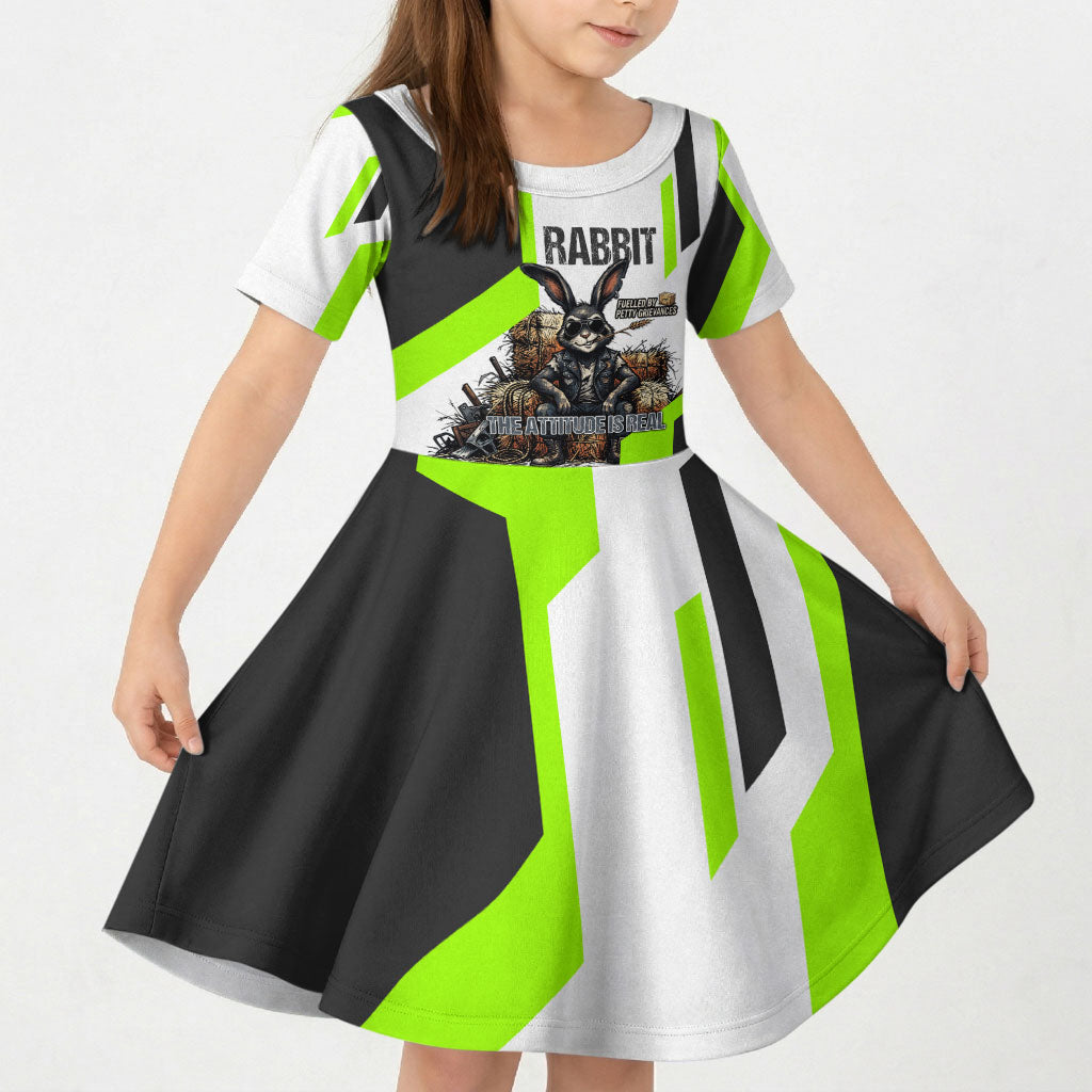 Rabbit Powered By Hay And Attitude Kid Short Sleeve Dress Funny Sarcastic Bunny Diagram Graphic Art