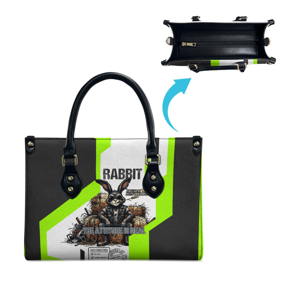 Rabbit Powered By Hay And Attitude Leather Bag Funny Sarcastic Bunny Diagram Graphic Art