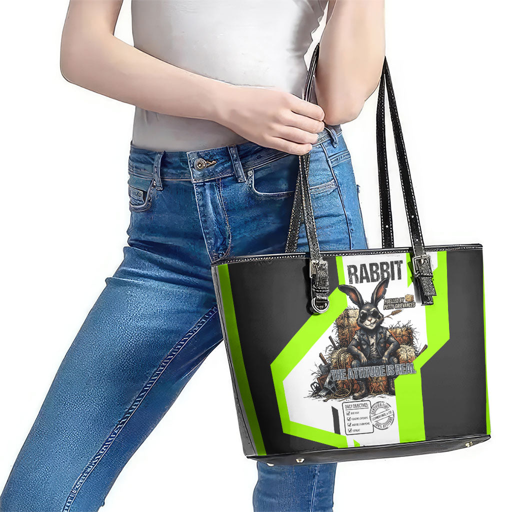 Rabbit Powered By Hay And Attitude Leather Tote Bag Funny Sarcastic Bunny Diagram Graphic Art