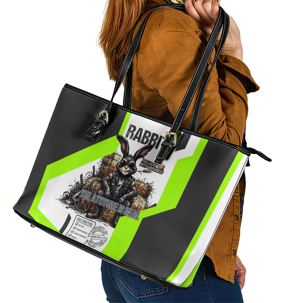 Rabbit Powered By Hay And Attitude Leather Tote Bag Funny Sarcastic Bunny Diagram Graphic Art