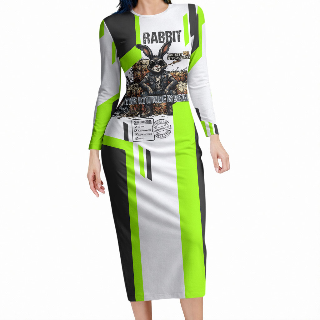 Rabbit Powered By Hay And Attitude Long Sleeve Bodycon Dress Funny Sarcastic Bunny Diagram Graphic Art