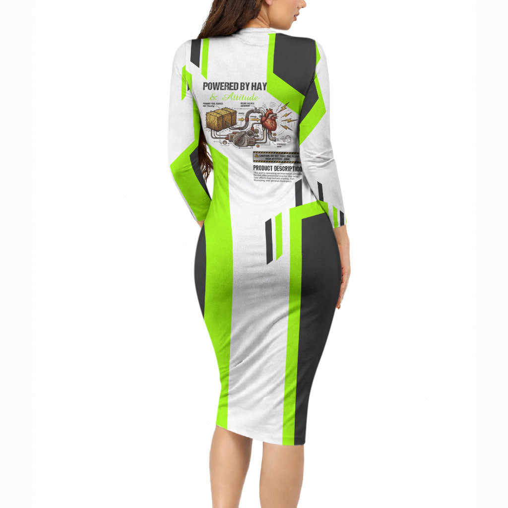 Rabbit Powered By Hay And Attitude Long Sleeve Bodycon Dress Funny Sarcastic Bunny Diagram Graphic Art