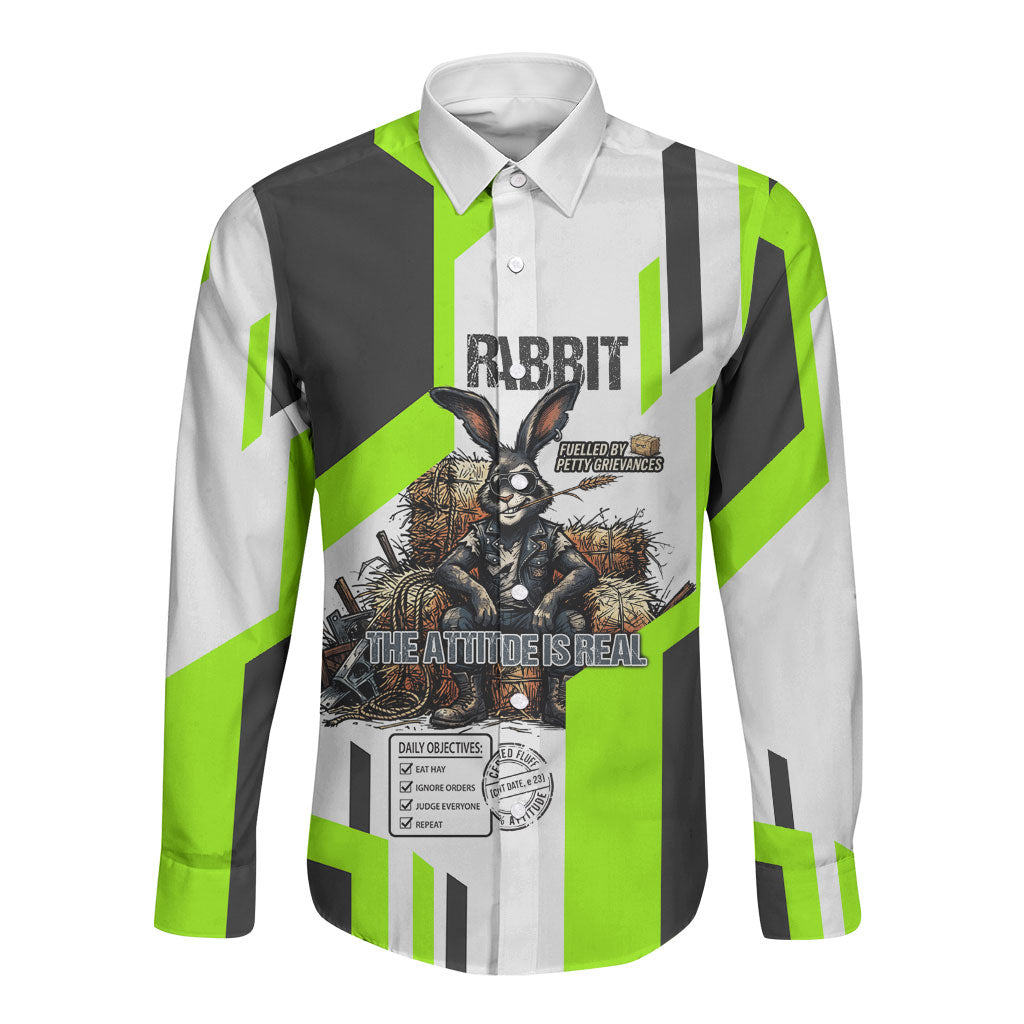 Rabbit Powered By Hay And Attitude Long Sleeve Button Shirt Funny Sarcastic Bunny Diagram Graphic Art