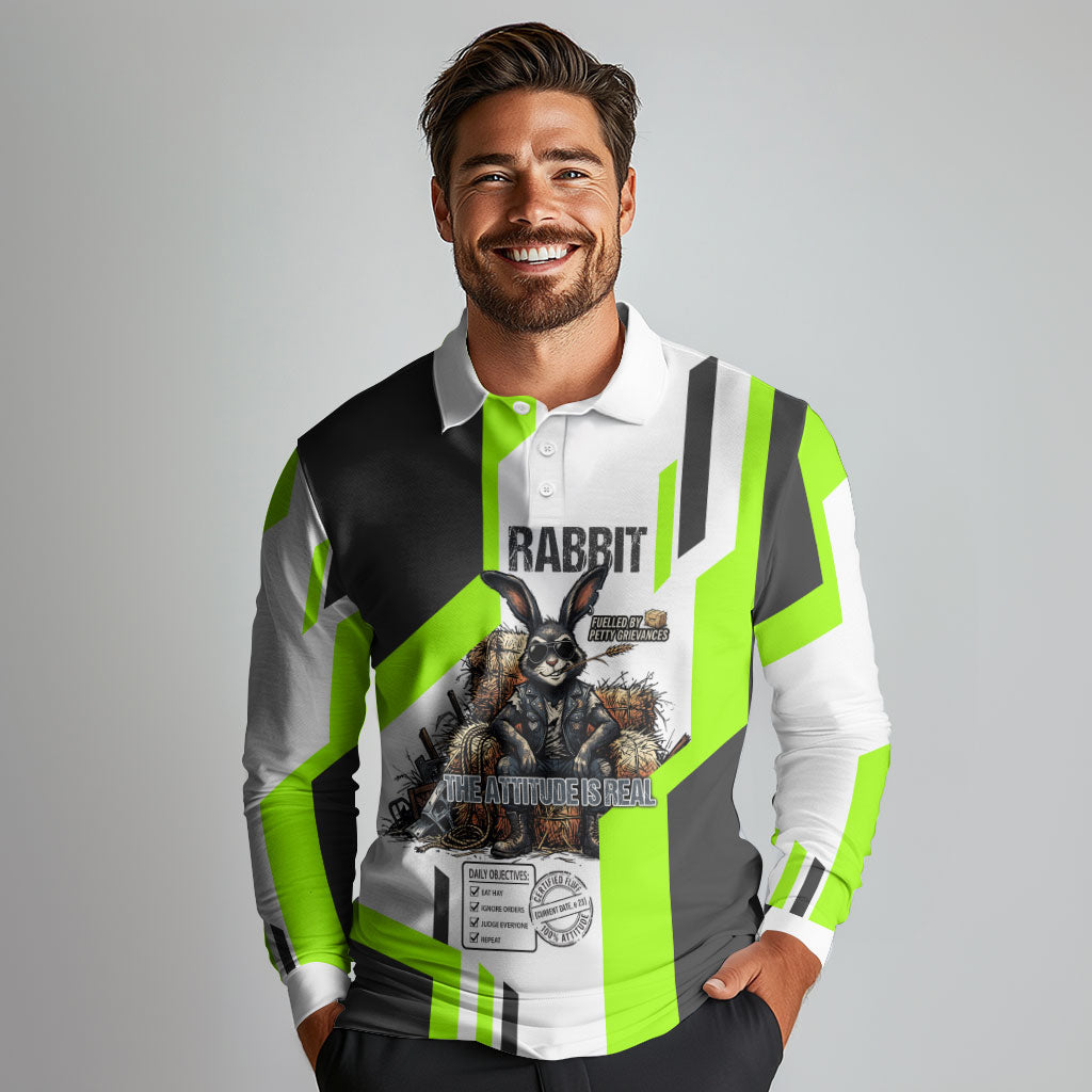 Rabbit Powered By Hay And Attitude Long Sleeve Polo Shirt Funny Sarcastic Bunny Diagram Graphic Art