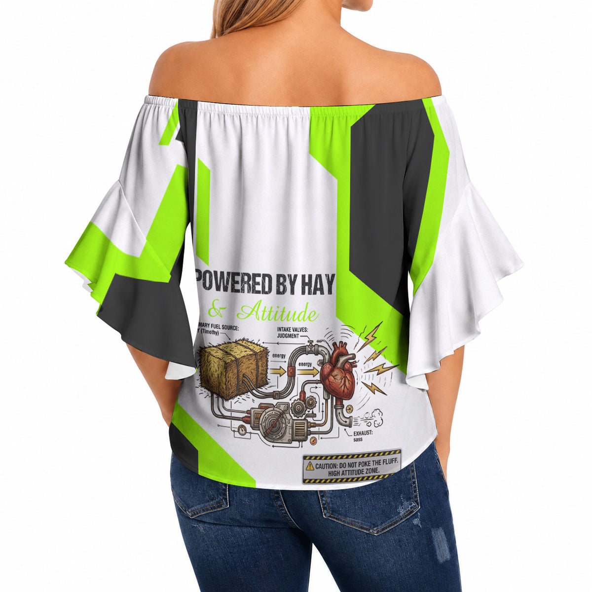 Rabbit Powered By Hay And Attitude Off Shoulder Wrap Waist Top Funny Sarcastic Bunny Diagram Graphic Art