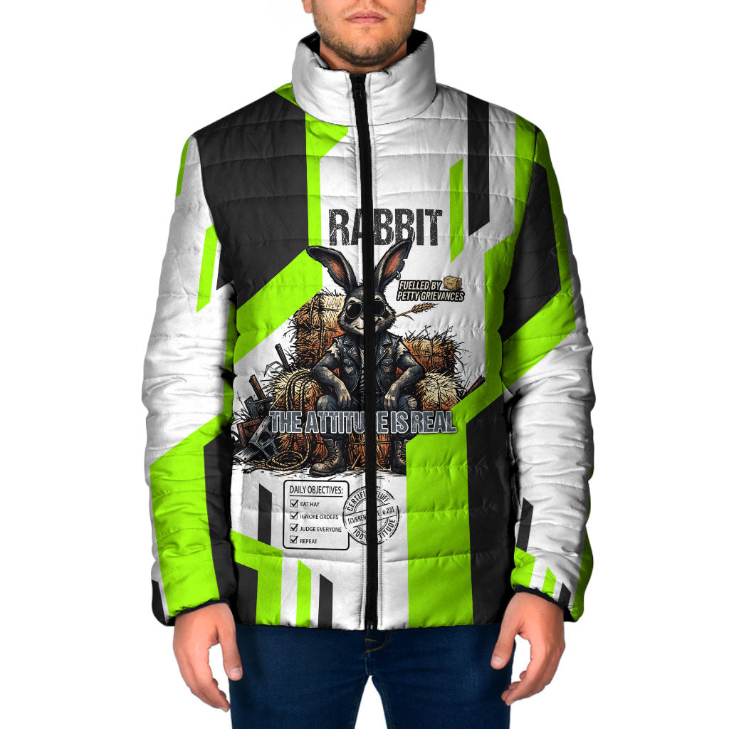 Rabbit Powered By Hay And Attitude Padded Jacket Funny Sarcastic Bunny Diagram Graphic Art