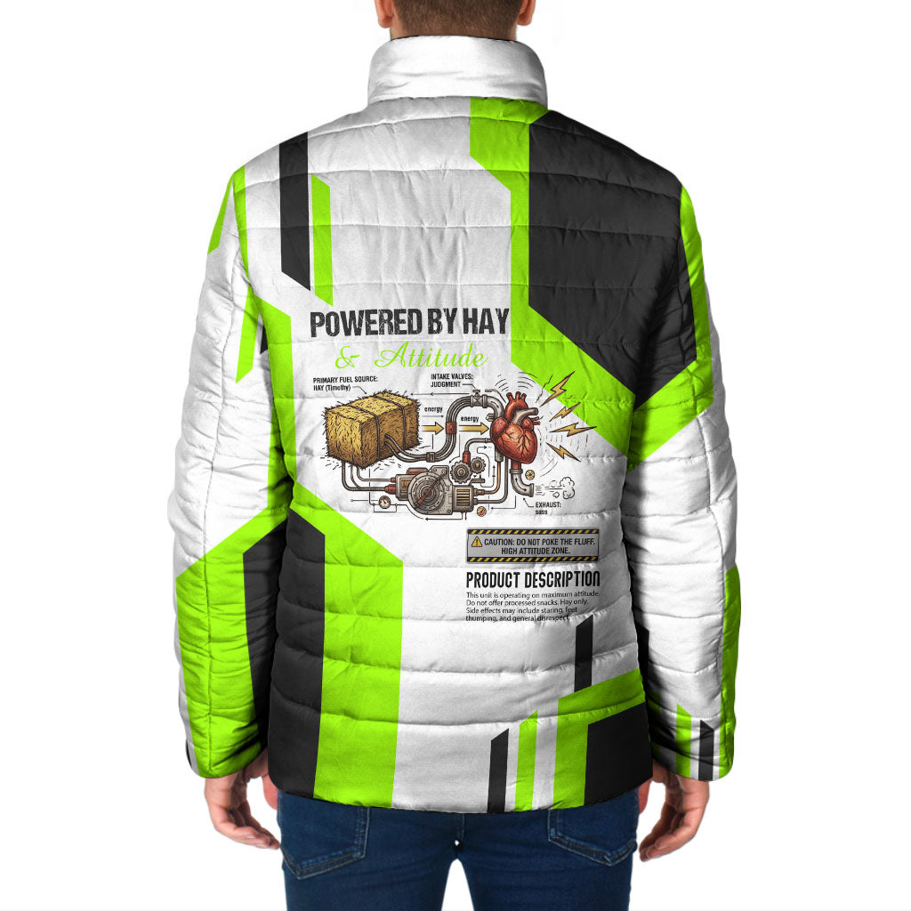 Rabbit Powered By Hay And Attitude Padded Jacket Funny Sarcastic Bunny Diagram Graphic Art
