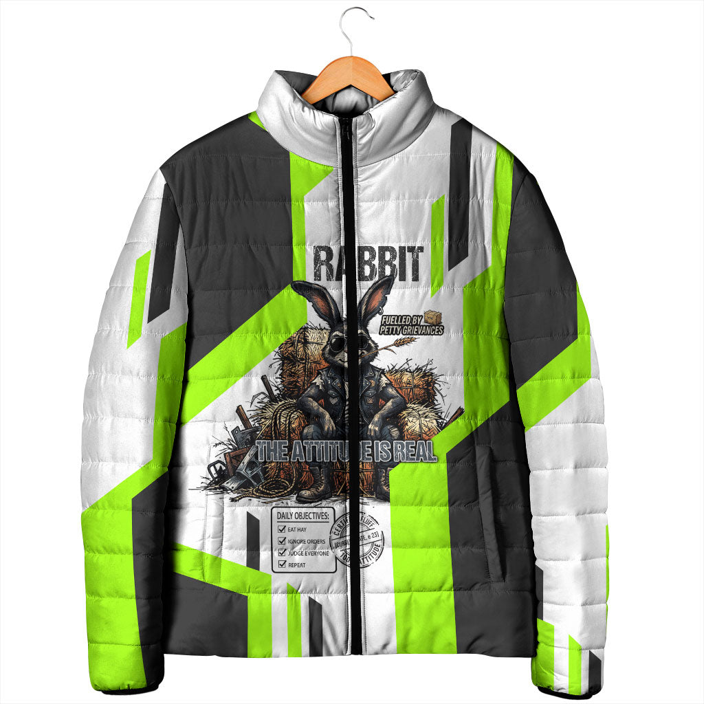 Rabbit Powered By Hay And Attitude Padded Jacket Funny Sarcastic Bunny Diagram Graphic Art