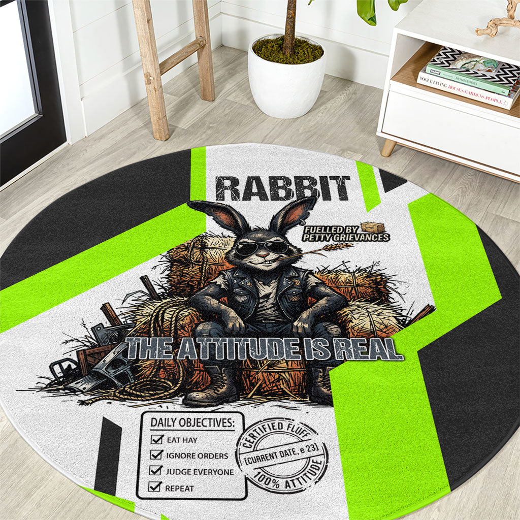 Rabbit Powered By Hay And Attitude Round Carpet Funny Sarcastic Bunny Diagram Graphic Art