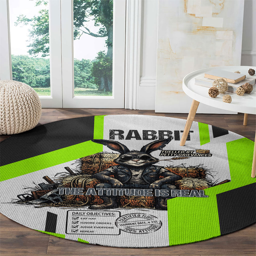 Rabbit Powered By Hay And Attitude Round Carpet Funny Sarcastic Bunny Diagram Graphic Art