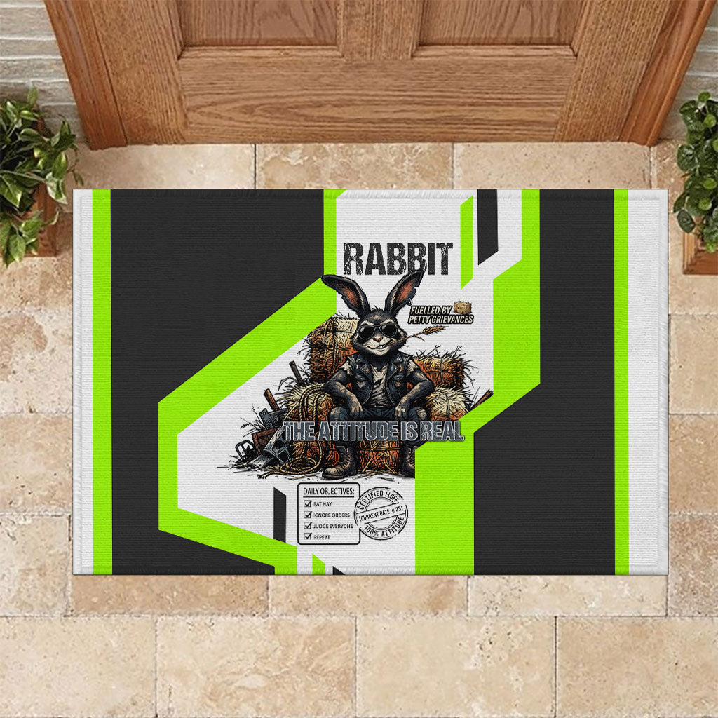 Rabbit Powered By Hay And Attitude Rubber Doormat Funny Sarcastic Bunny Diagram Graphic Art