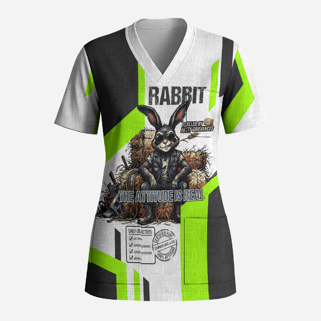 Rabbit Powered By Hay And Attitude Scrub Top Funny Sarcastic Bunny Diagram Graphic Art
