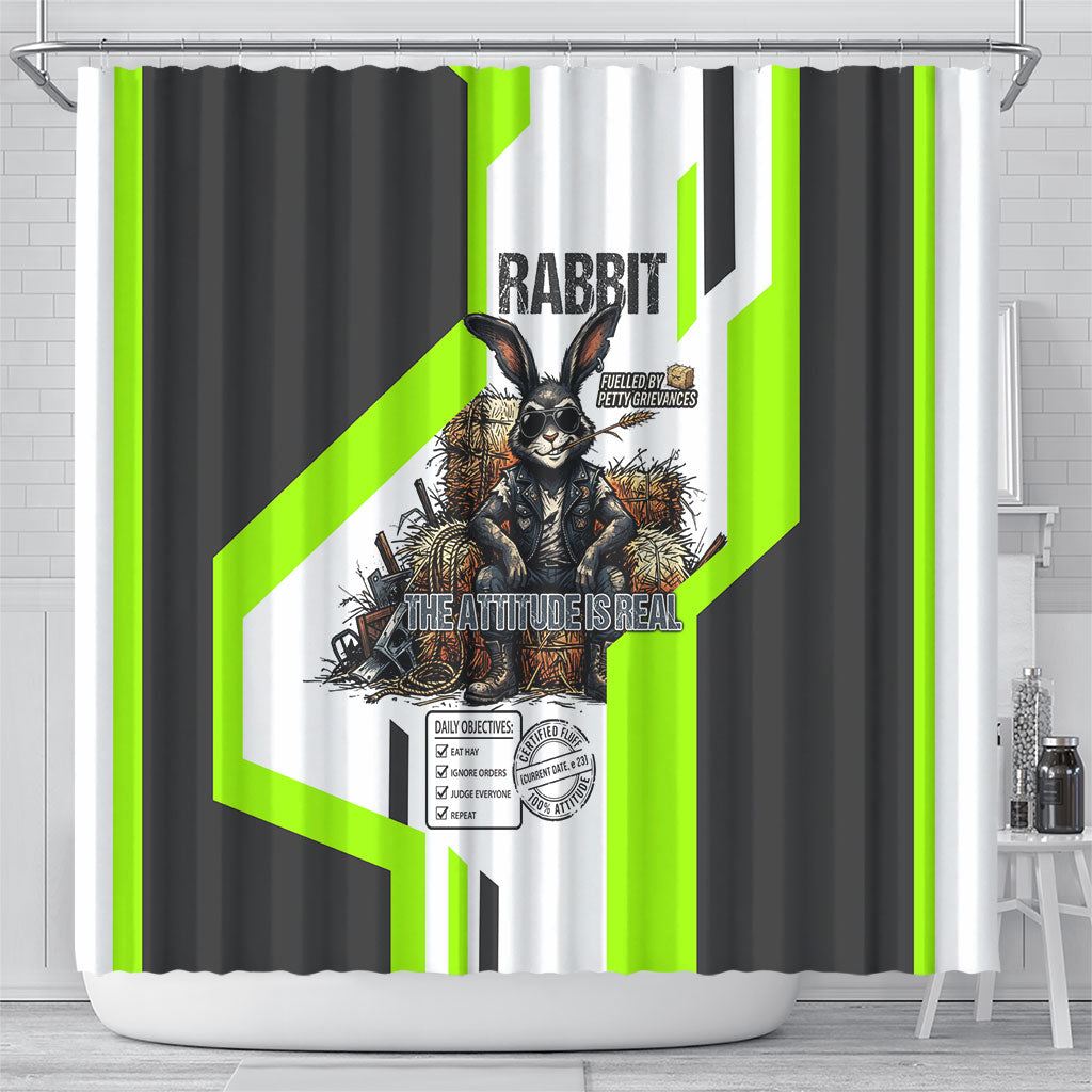 Rabbit Powered By Hay And Attitude Shower Curtain Funny Sarcastic Bunny Diagram Graphic Art