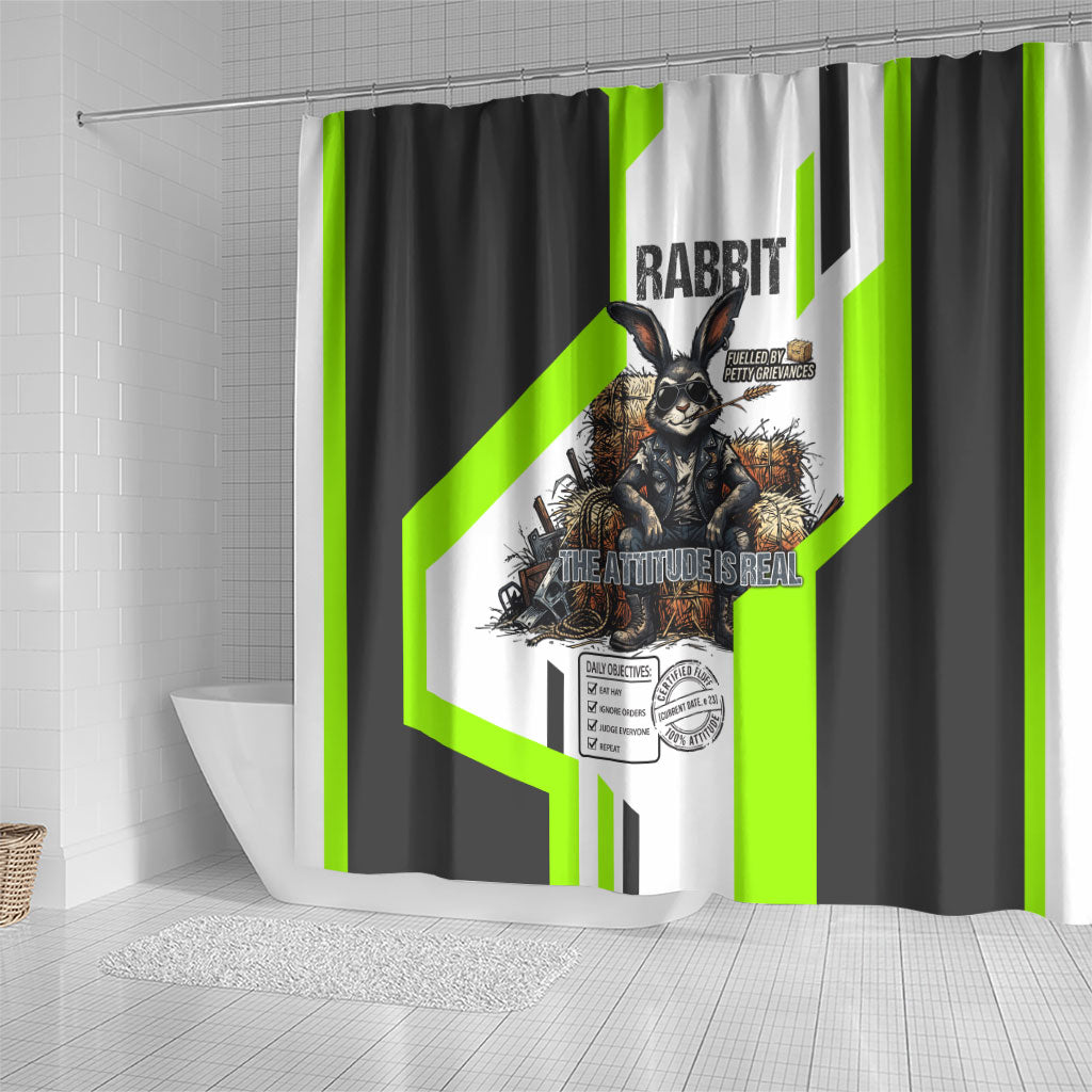 Rabbit Powered By Hay And Attitude Shower Curtain Funny Sarcastic Bunny Diagram Graphic Art