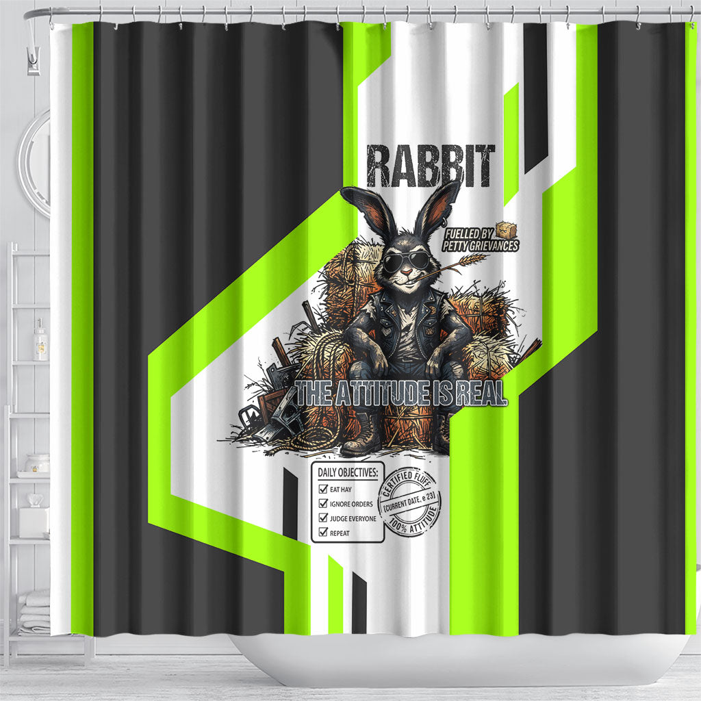 Rabbit Powered By Hay And Attitude Shower Curtain Funny Sarcastic Bunny Diagram Graphic Art