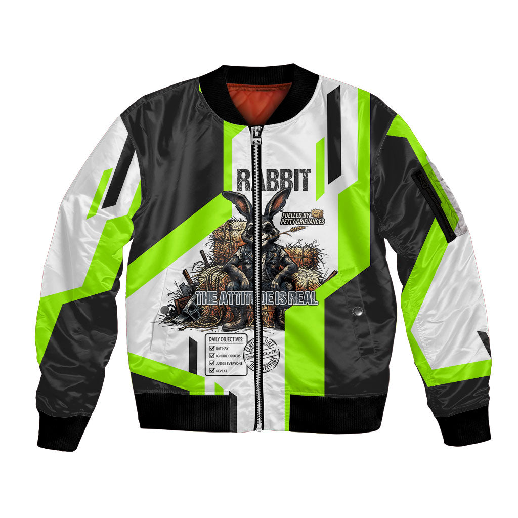 Rabbit Powered By Hay And Attitude Sleeve Zip Bomber Jacket Funny Sarcastic Bunny Diagram Graphic Art