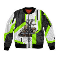 Rabbit Powered By Hay And Attitude Sleeve Zip Bomber Jacket Funny Sarcastic Bunny Diagram Graphic Art