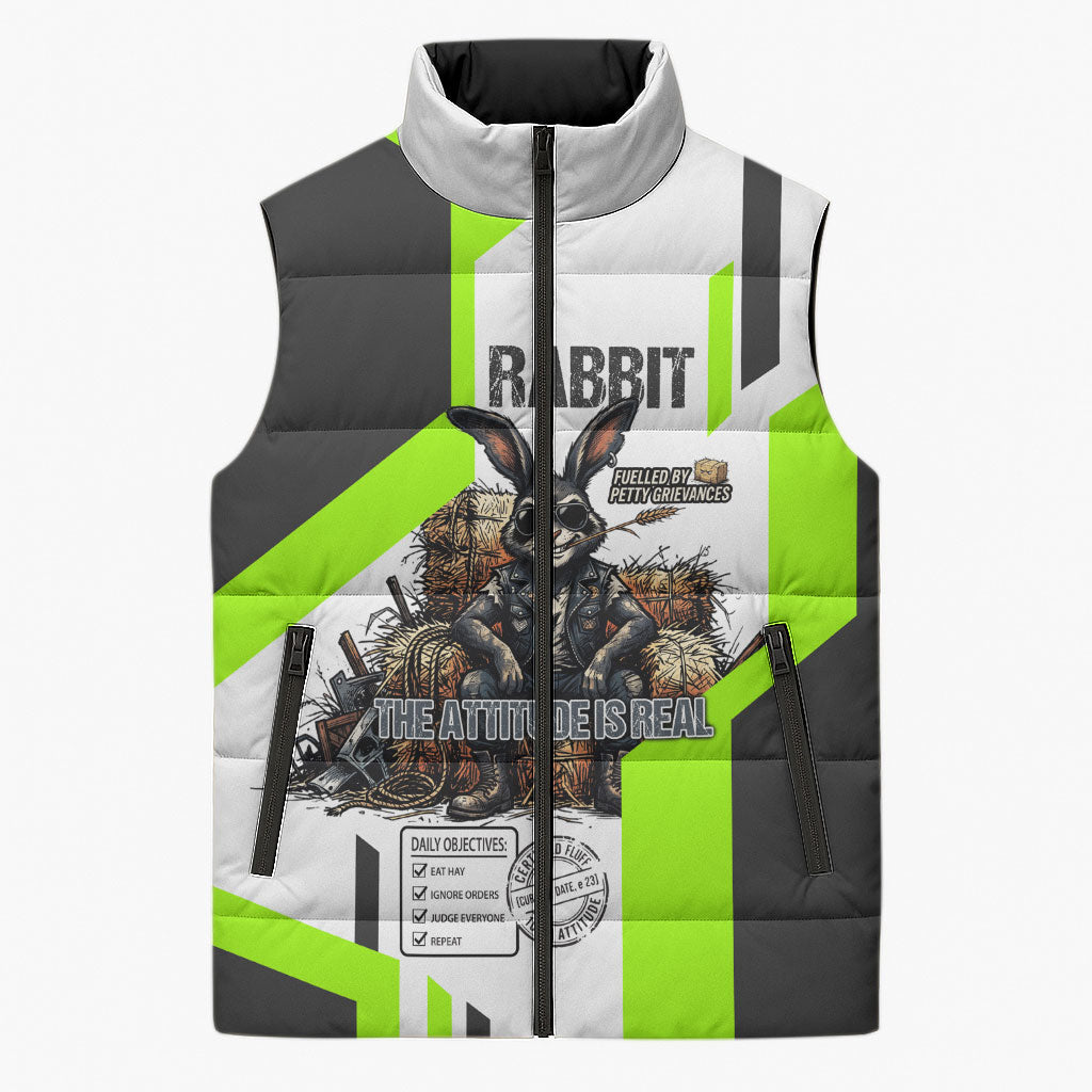 Rabbit Powered By Hay And Attitude Sleeveless Puffer Jacket Funny Sarcastic Bunny Diagram Graphic Art