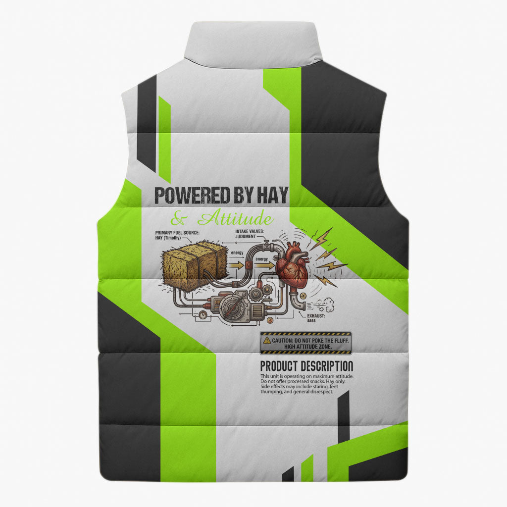 Rabbit Powered By Hay And Attitude Sleeveless Puffer Jacket Funny Sarcastic Bunny Diagram Graphic Art