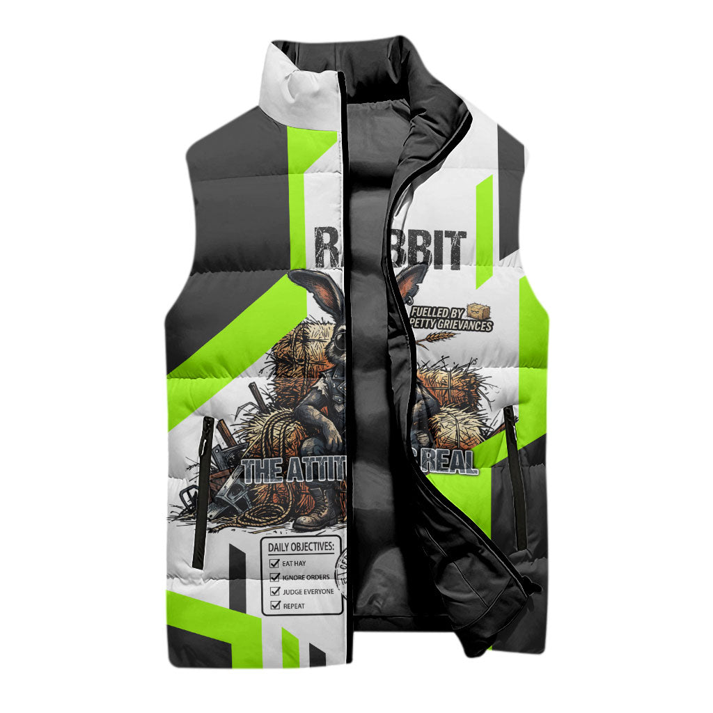 Rabbit Powered By Hay And Attitude Sleeveless Puffer Jacket Funny Sarcastic Bunny Diagram Graphic Art