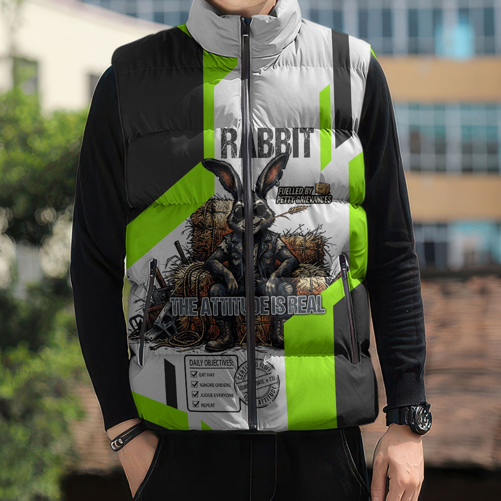 Rabbit Powered By Hay And Attitude Sleeveless Puffer Jacket Funny Sarcastic Bunny Diagram Graphic Art