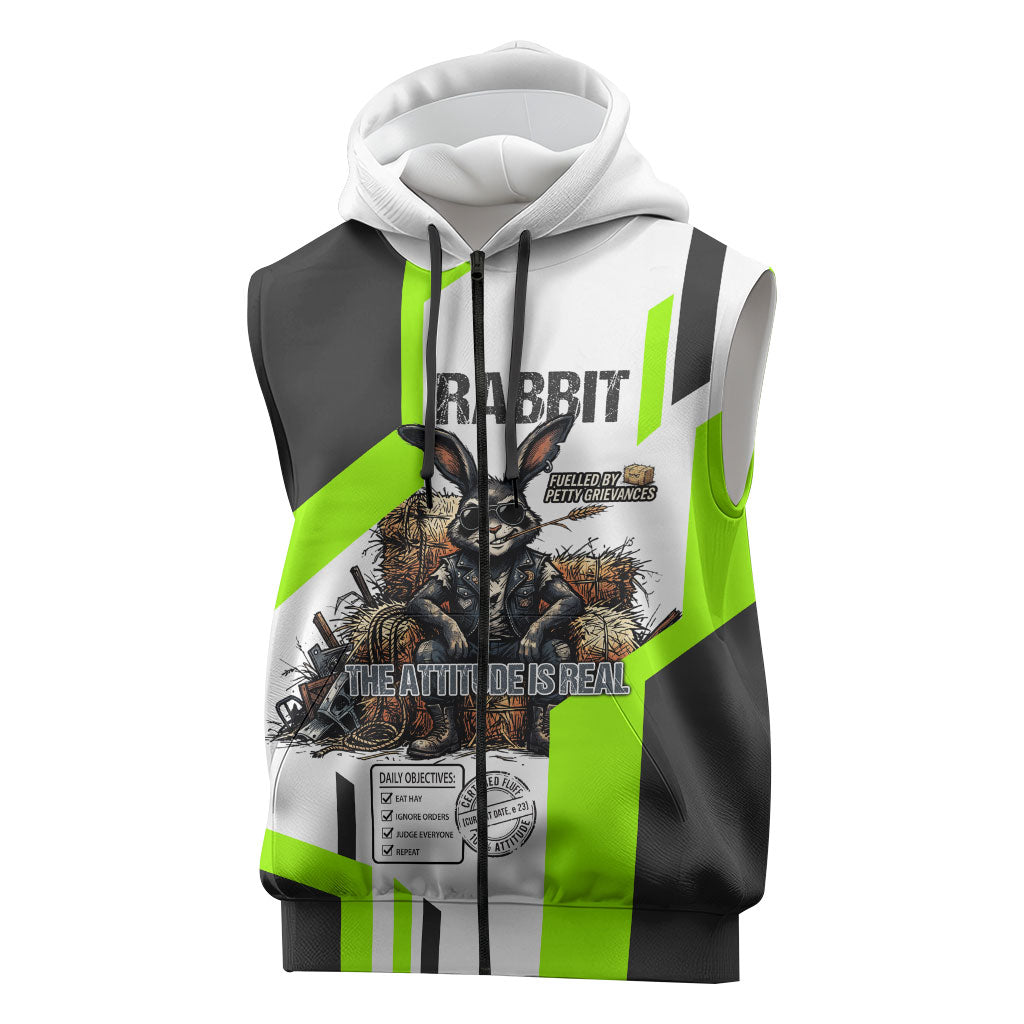 Rabbit Powered By Hay And Attitude Sleeveless Zip Hoodie Funny Sarcastic Bunny Diagram Graphic Art
