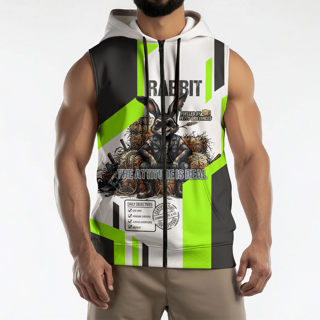 Rabbit Powered By Hay And Attitude Sleeveless Zip Hoodie Funny Sarcastic Bunny Diagram Graphic Art
