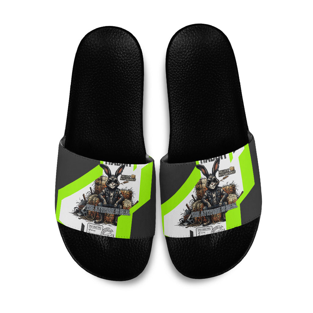 Rabbit Powered By Hay And Attitude Slide Sandals Funny Sarcastic Bunny Diagram Graphic Art