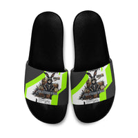 Rabbit Powered By Hay And Attitude Slide Sandals Funny Sarcastic Bunny Diagram Graphic Art