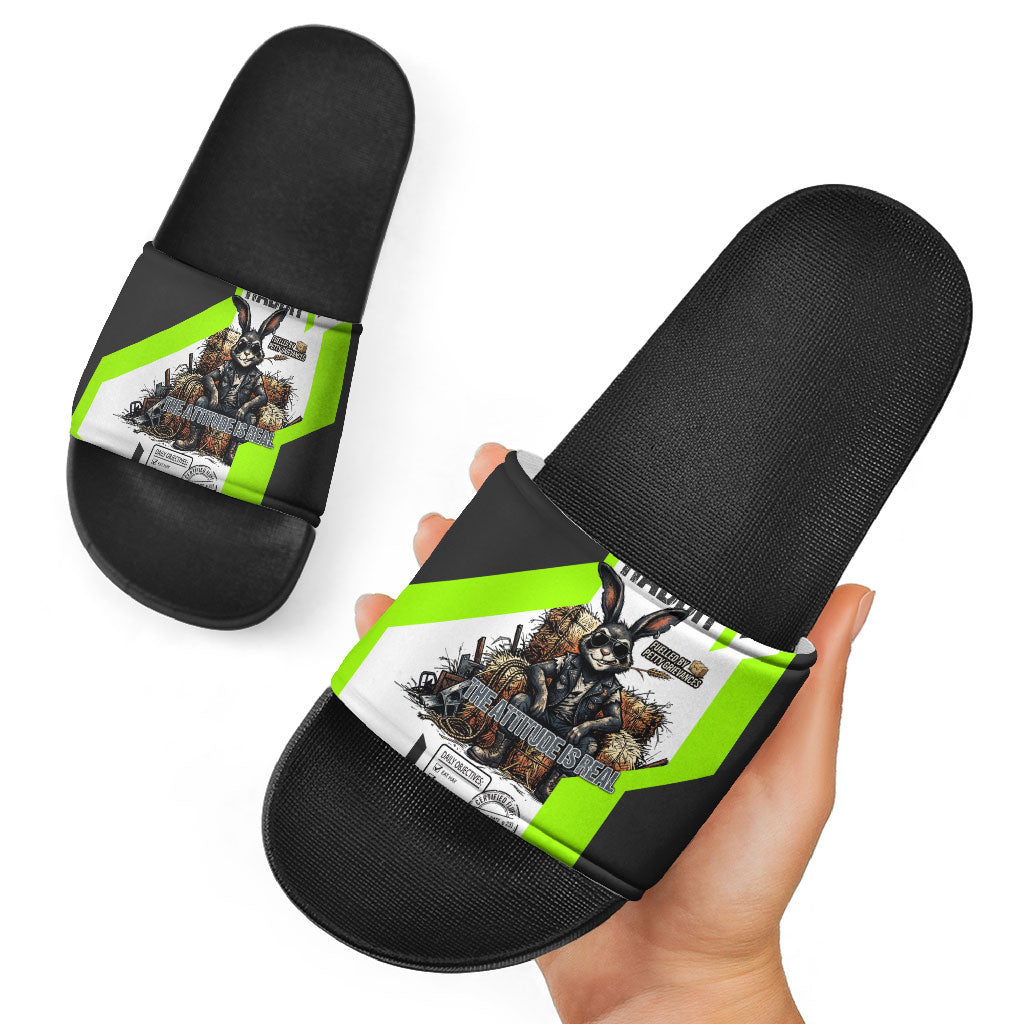 Rabbit Powered By Hay And Attitude Slide Sandals Funny Sarcastic Bunny Diagram Graphic Art