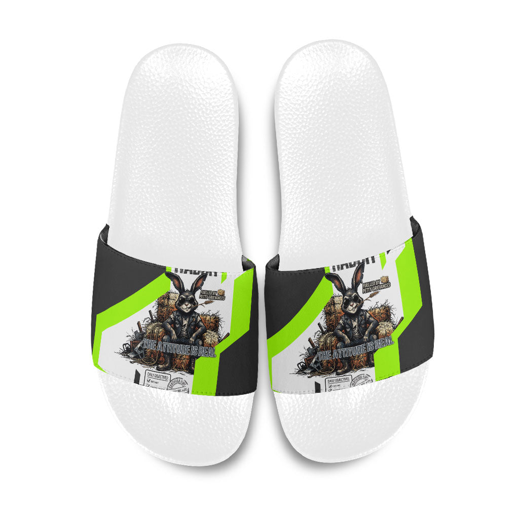 Rabbit Powered By Hay And Attitude Slide Sandals Funny Sarcastic Bunny Diagram Graphic Art