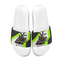Rabbit Powered By Hay And Attitude Slide Sandals Funny Sarcastic Bunny Diagram Graphic Art