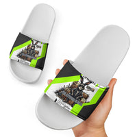 Rabbit Powered By Hay And Attitude Slide Sandals Funny Sarcastic Bunny Diagram Graphic Art