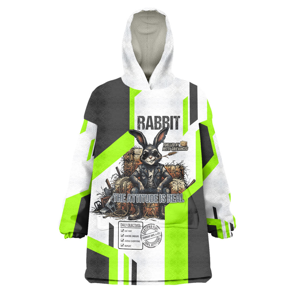 Rabbit Powered By Hay And Attitude Wearable Blanket Hoodie Funny Sarcastic Bunny Diagram Graphic Art