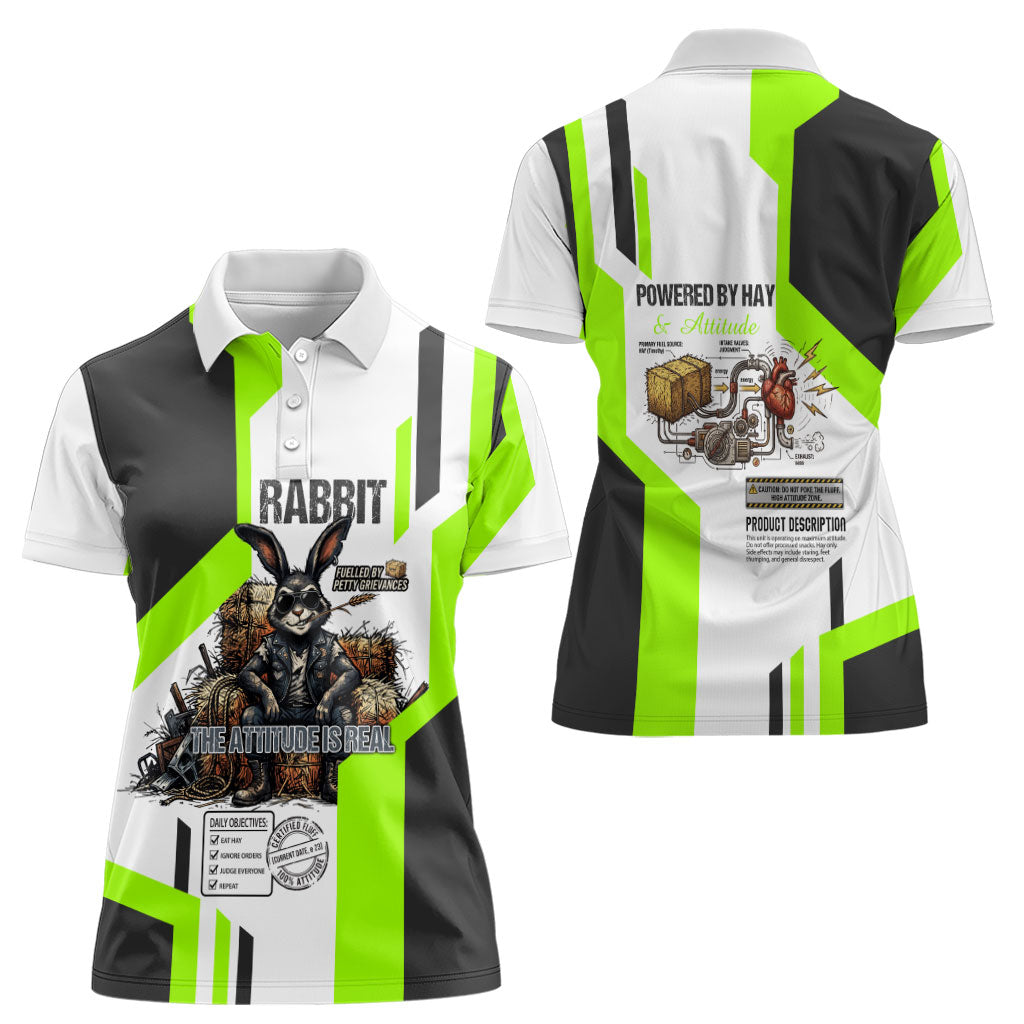 Rabbit Powered By Hay And Attitude Women Polo Shirt Funny Sarcastic Bunny Diagram Graphic Art