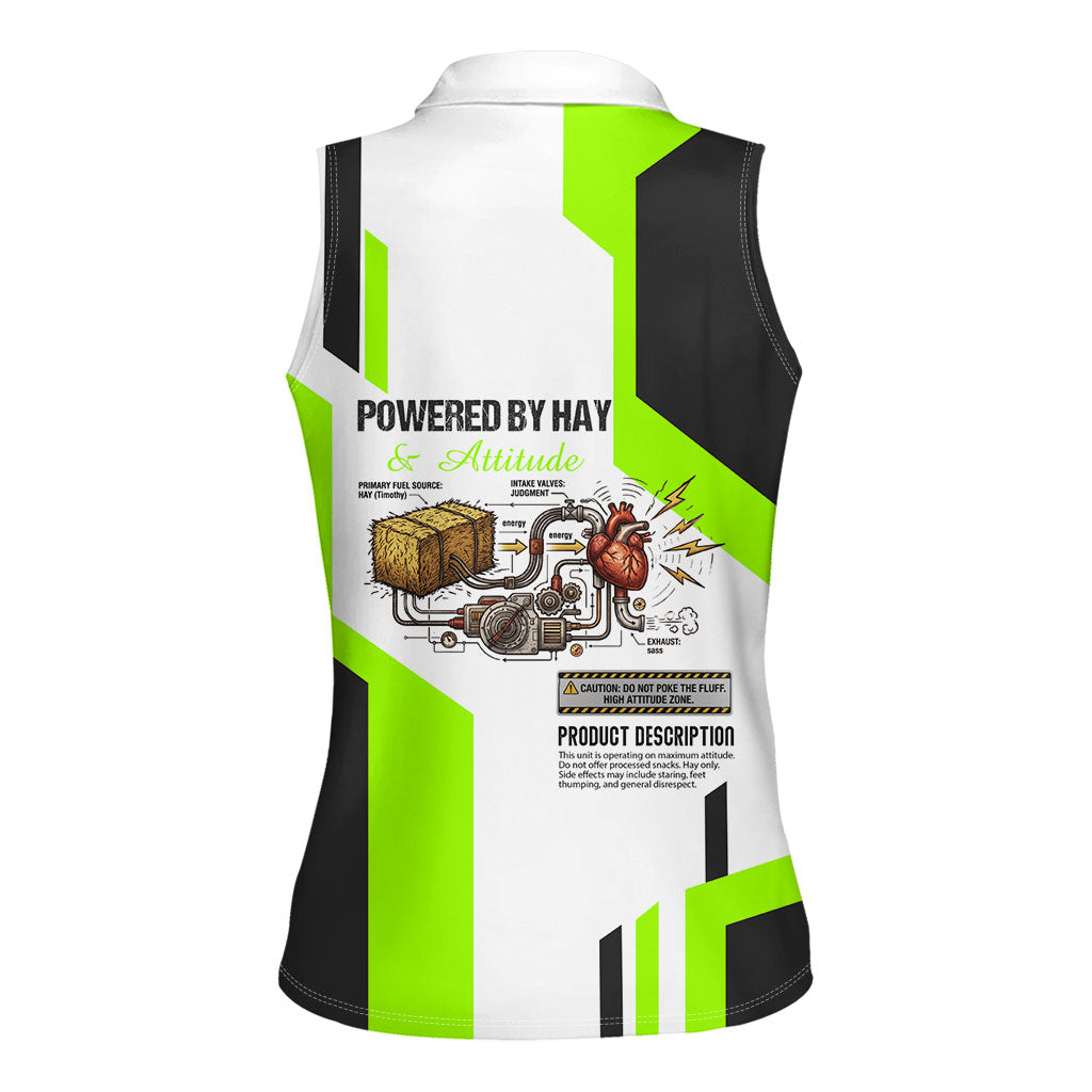 Rabbit Powered By Hay And Attitude Women Sleeveless Polo Shirt Funny Sarcastic Bunny Diagram Graphic Art