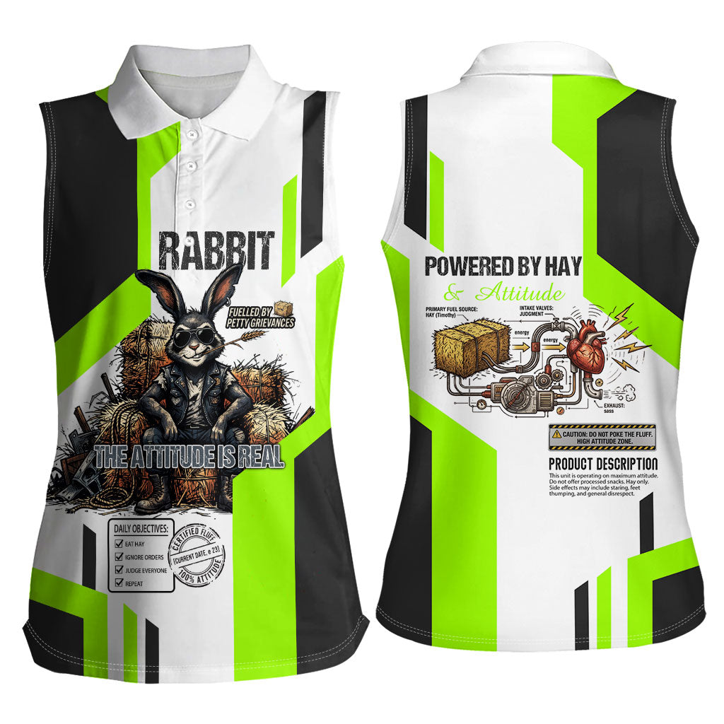 Rabbit Powered By Hay And Attitude Women Sleeveless Polo Shirt Funny Sarcastic Bunny Diagram Graphic Art