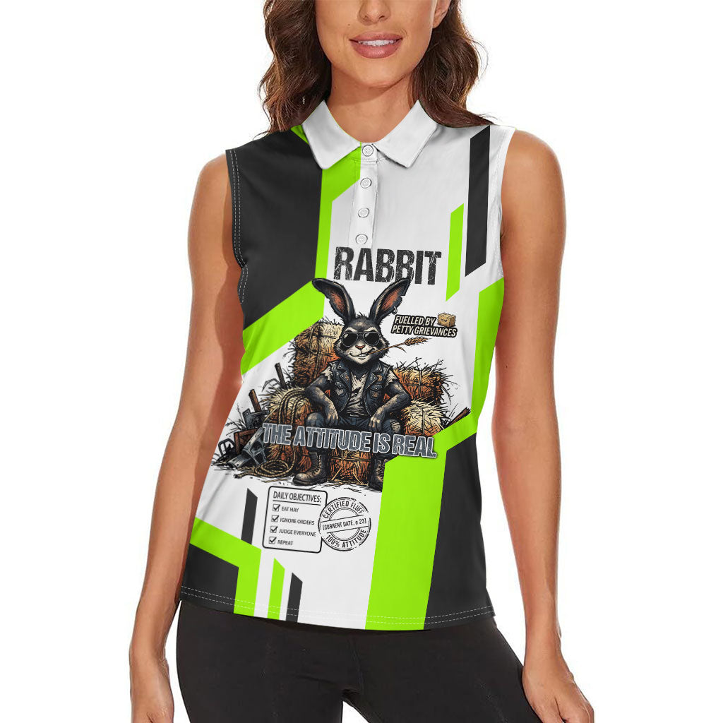 Rabbit Powered By Hay And Attitude Women Sleeveless Polo Shirt Funny Sarcastic Bunny Diagram Graphic Art
