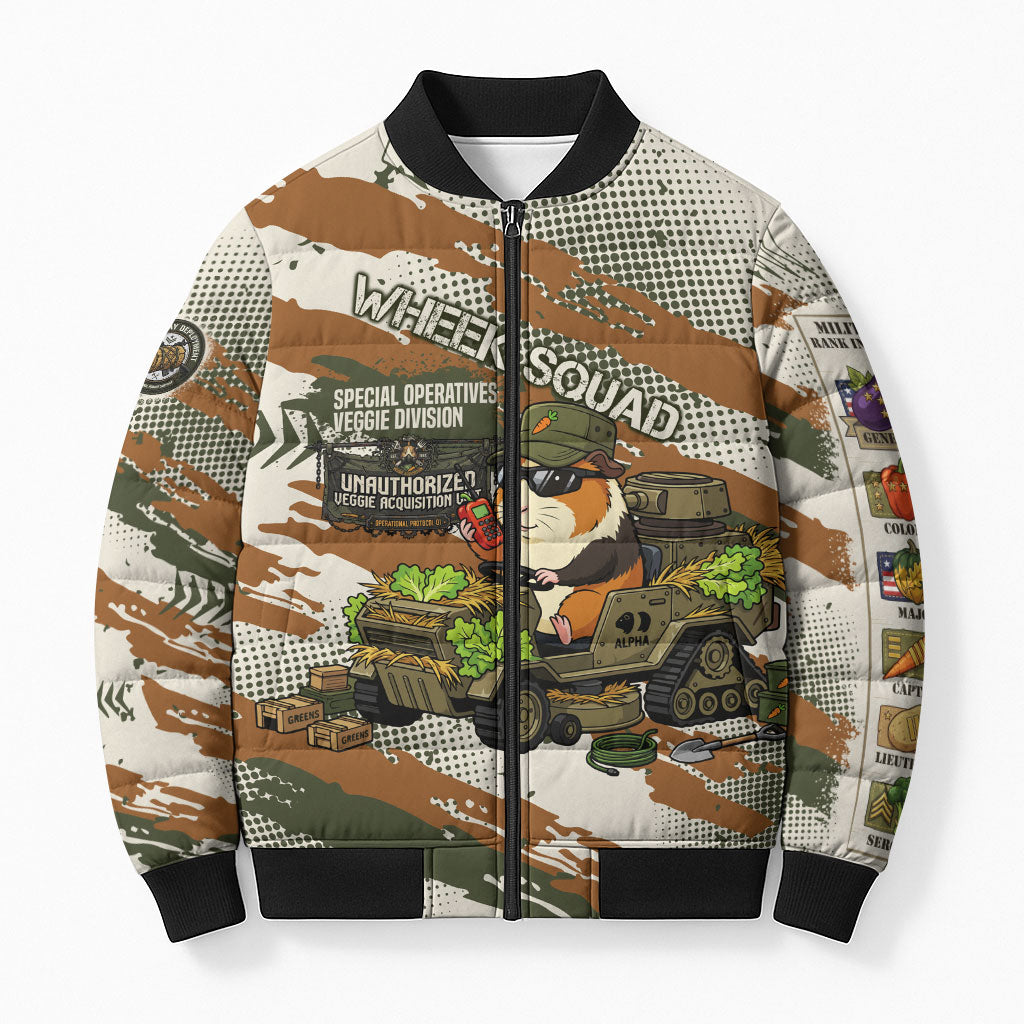 Wheek Squad Guinea Pig Bomber Puffer Jacket Funny Military Tactical Camo Veggie Division Schematic