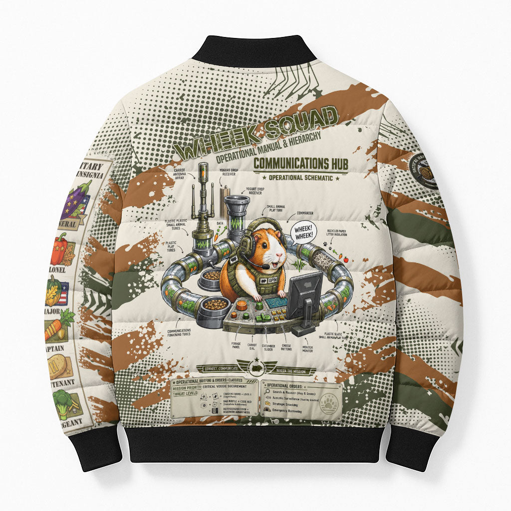Wheek Squad Guinea Pig Bomber Puffer Jacket Funny Military Tactical Camo Veggie Division Schematic