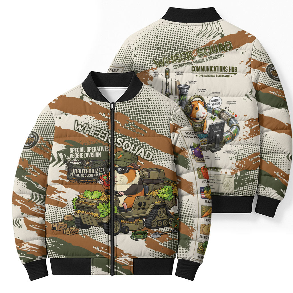 Wheek Squad Guinea Pig Bomber Puffer Jacket Funny Military Tactical Camo Veggie Division Schematic