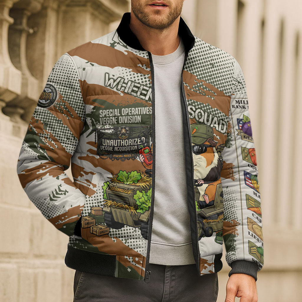 Wheek Squad Guinea Pig Bomber Puffer Jacket Funny Military Tactical Camo Veggie Division Schematic