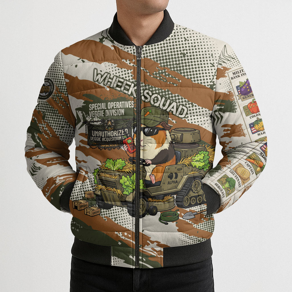 Wheek Squad Guinea Pig Bomber Puffer Jacket Funny Military Tactical Camo Veggie Division Schematic