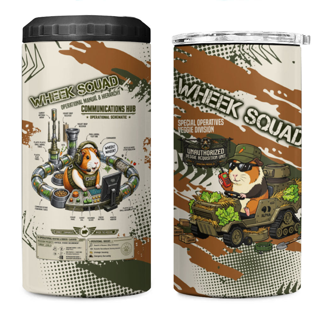 Wheek Squad Guinea Pig 4 in 1 Can Cooler Tumbler Funny Military Tactical Camo Veggie Division Schematic