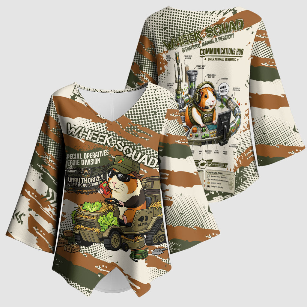 Wheek Squad Guinea Pig Kimono Sleeve Blouse Funny Military Tactical Camo Veggie Division Schematic